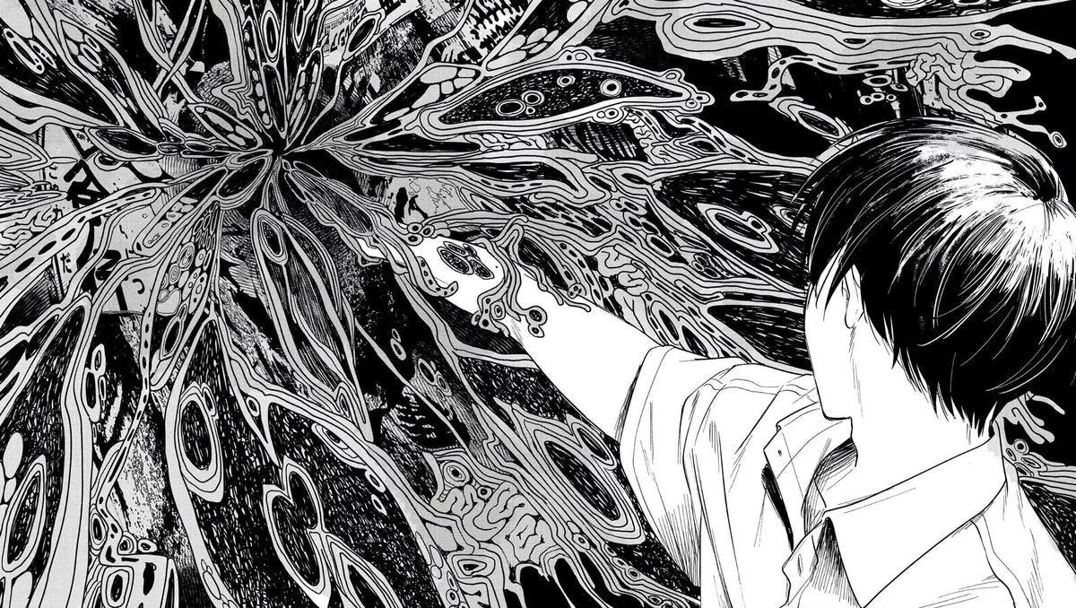 Someone reaching into a vast knotted organic mass
