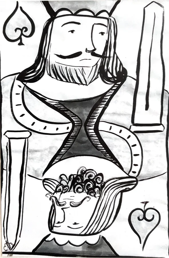 A hand-drawn king of spades