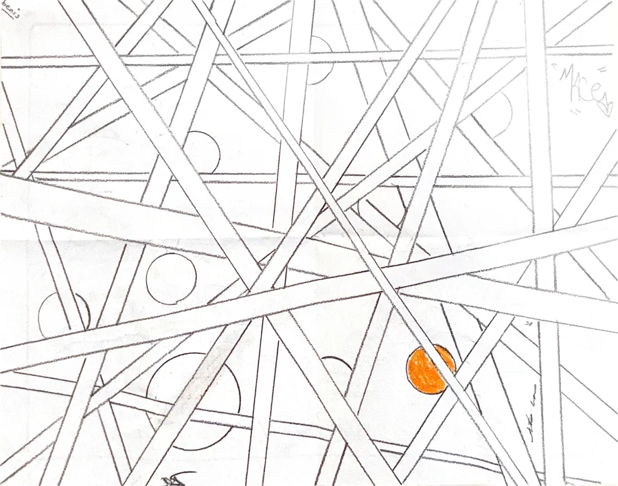 A sketch of crossing lines with one orange dot