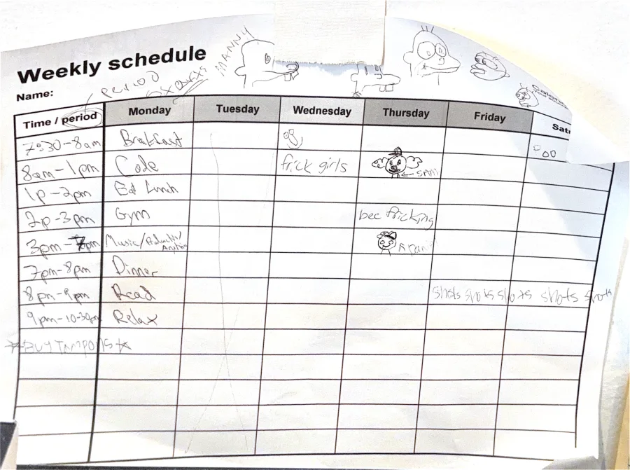A handwritten weekly schedule
