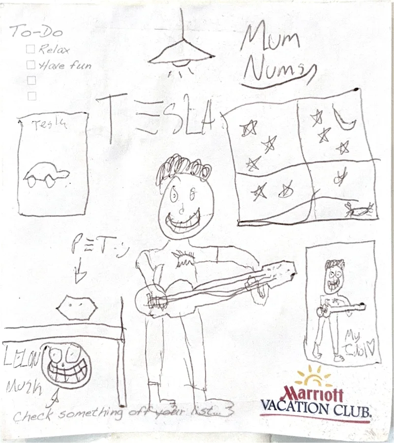 A doodle page on a Marriott Vacation Club notepad: a to-do list, a Tesla, and a guy with a guitar