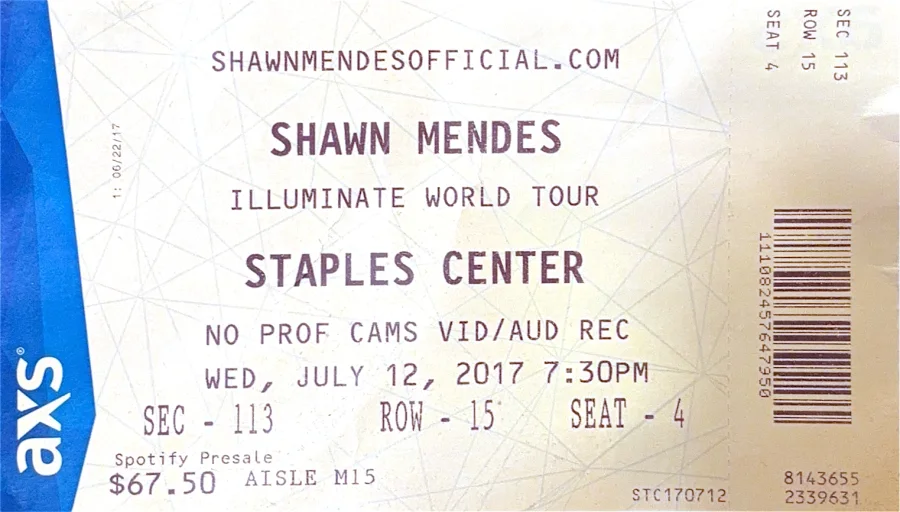 A Shawn Mendes ticket, Staples Center, July 12 2017