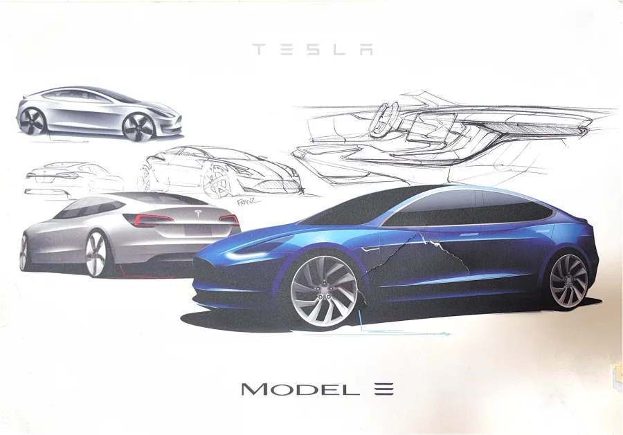 A Tesla Model 3 design sketch poster