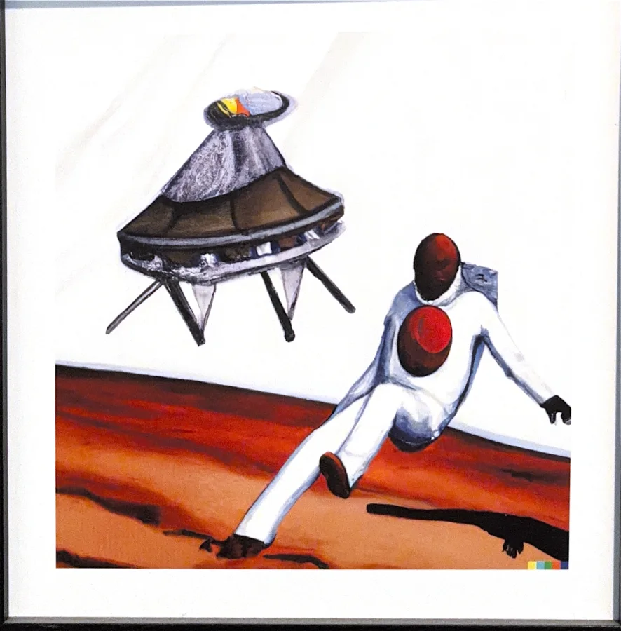 An AI-generated painting of an astronaut and a flying saucer on Mars