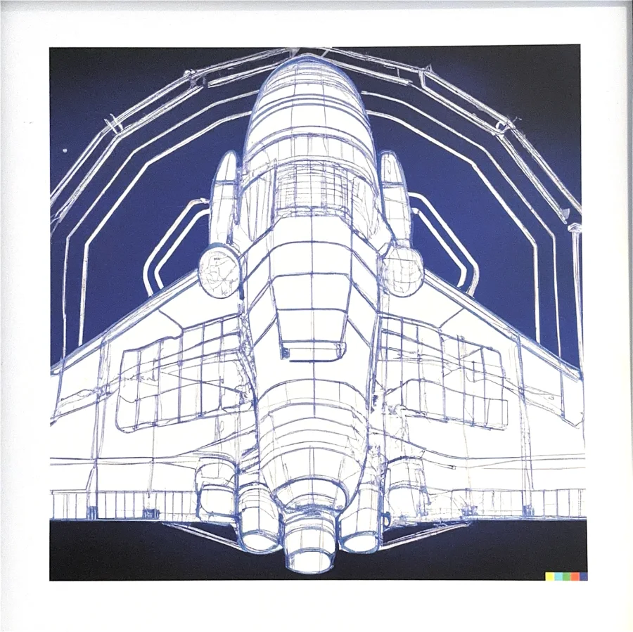 An AI-generated spaceship blueprint, white on blue