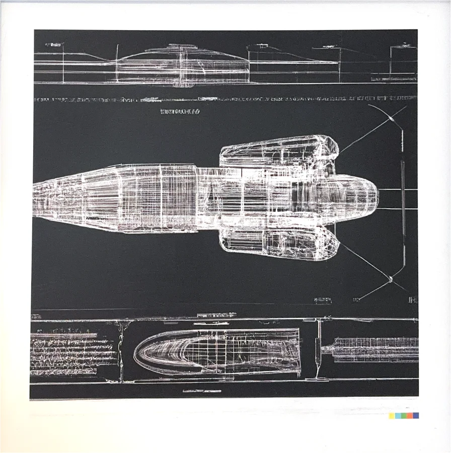 An AI-generated spaceship blueprint, white on black