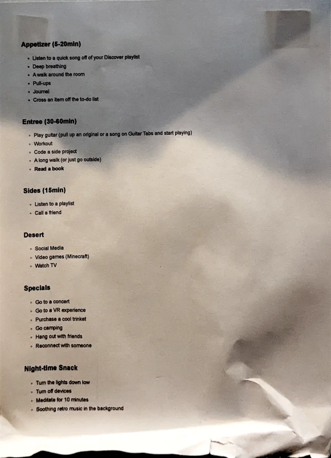 A typed menu: appetizer, entree, sides, dessert, specials, night-time snack